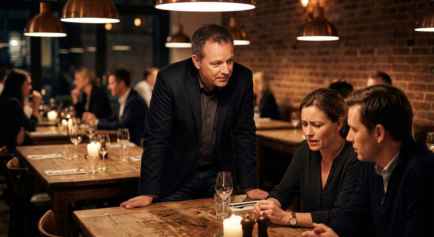 restaurant manager calmly handling a guest complaint at a candlelit dinner table