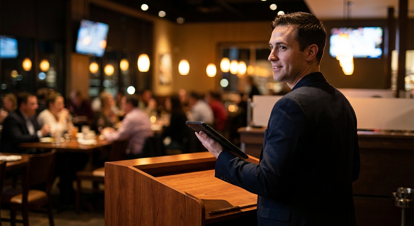 restaurant manager using a sleek handheld device at the host stand to manage guest experience