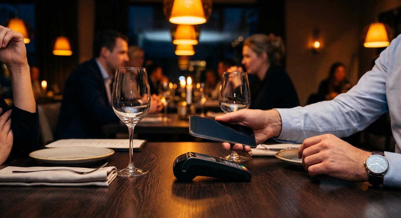 Restaurant guests at a table completing their bill with a contactless mobile payment device