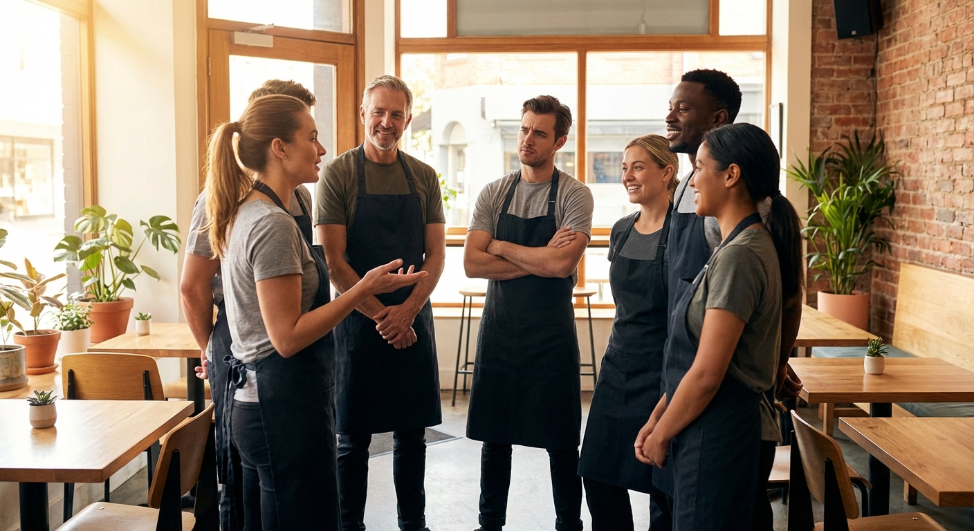 restaurant team in a pre-shift training huddle listening to a manager