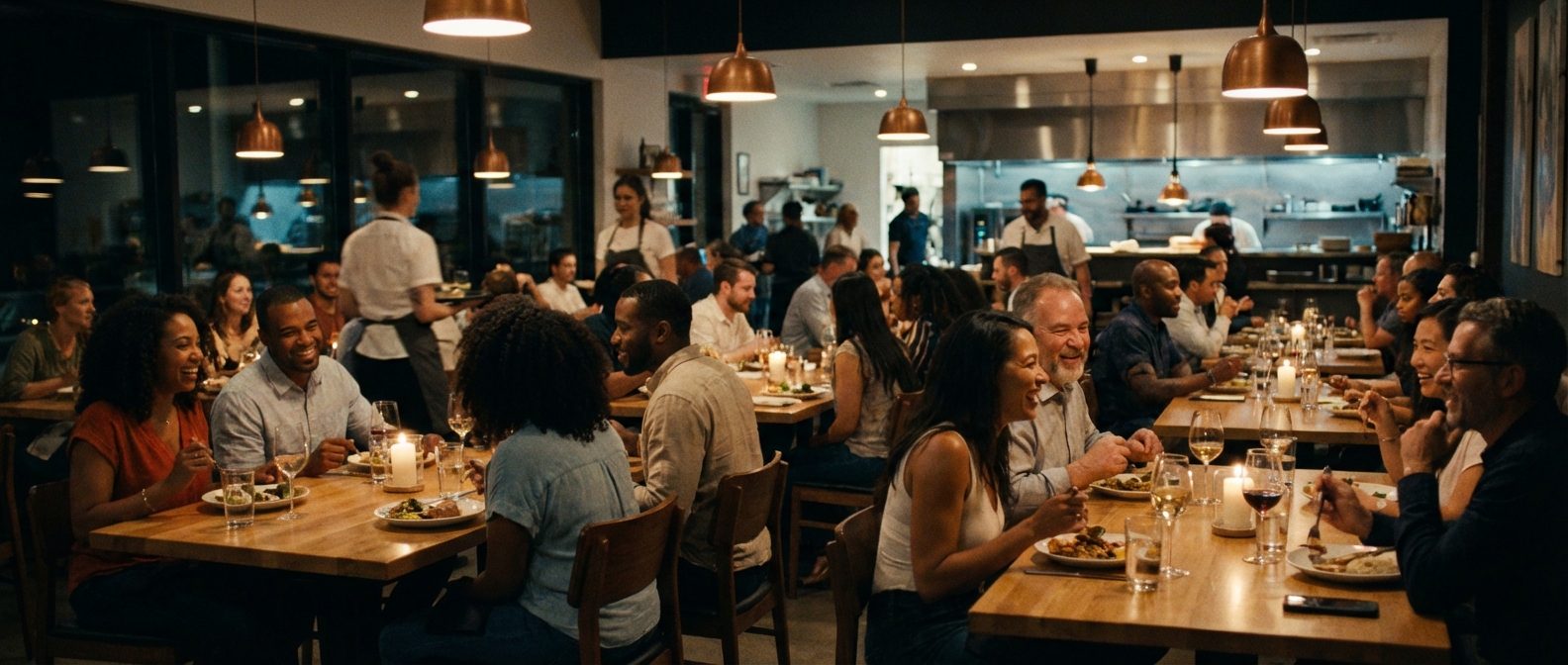 Photorealistic wide-angle view of a modern bustling restaurant dining room filled with guests and warm lighting