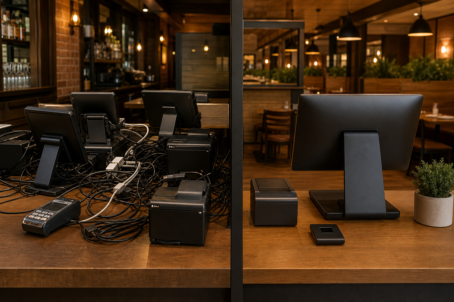 Cluttered restaurant counter