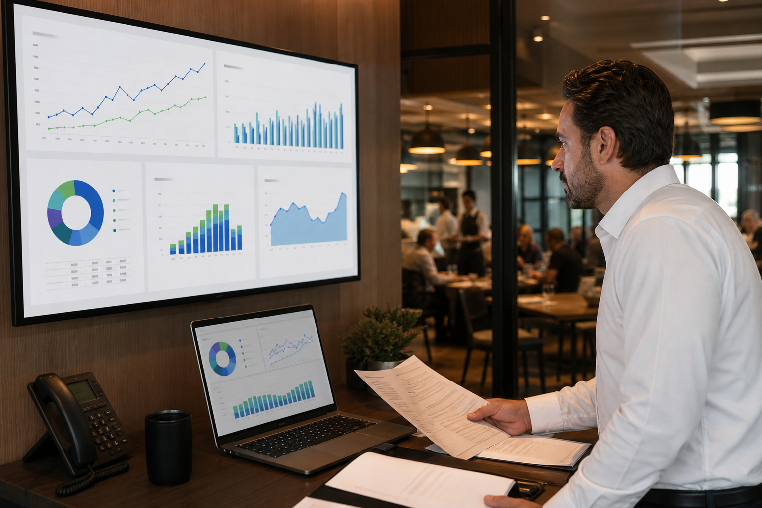 Manager reviewing AI analytics