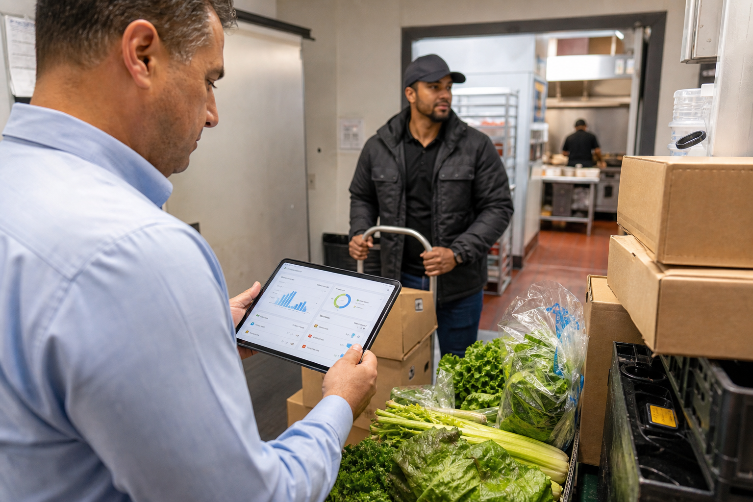 Manager checking digital inventory