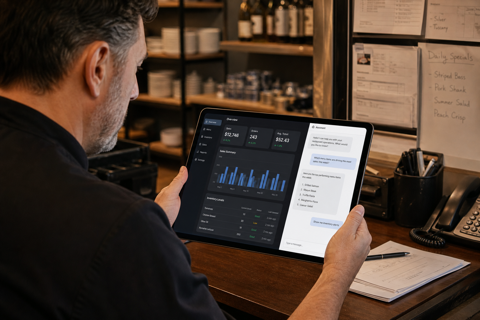 Manager reviews POS analytics